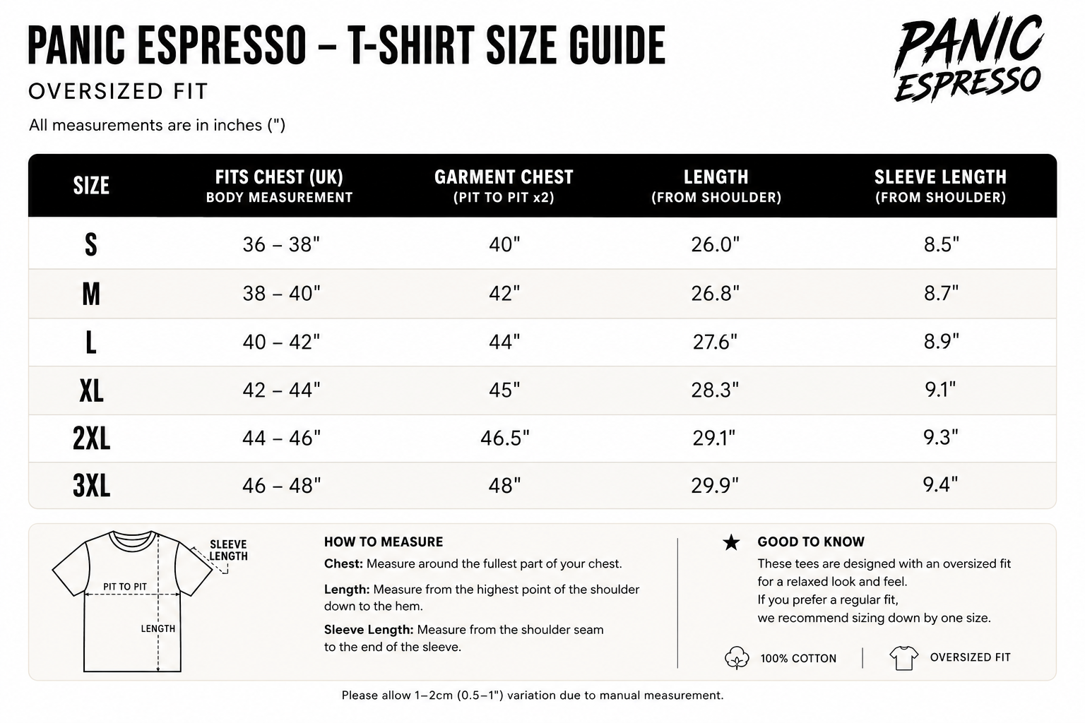 Panic Espresso T-shirt size guide