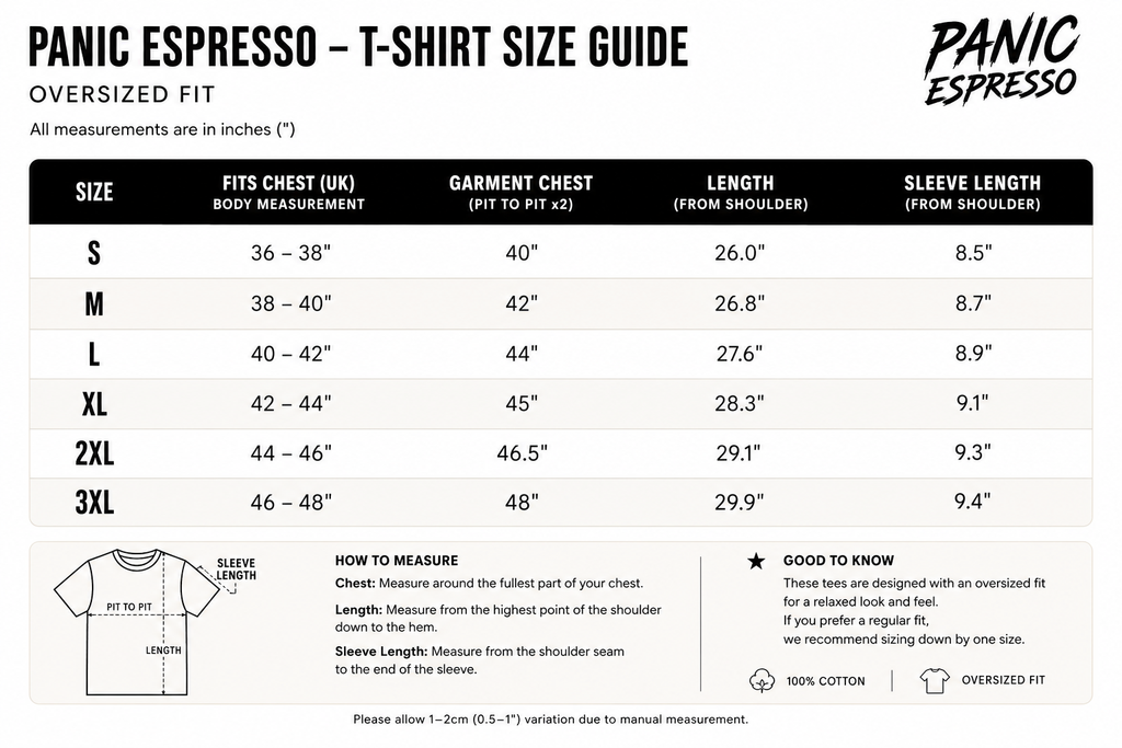 Panic Espresso T-shirt size guide
