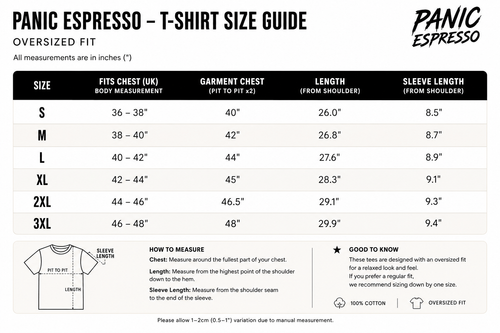 Panic Espresso T-shirt size guide